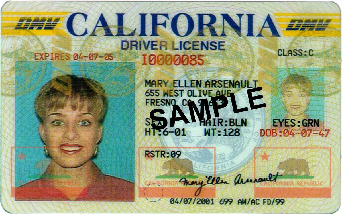 A California DMV sample driver's license bearing the fictional name and photo used for illustration