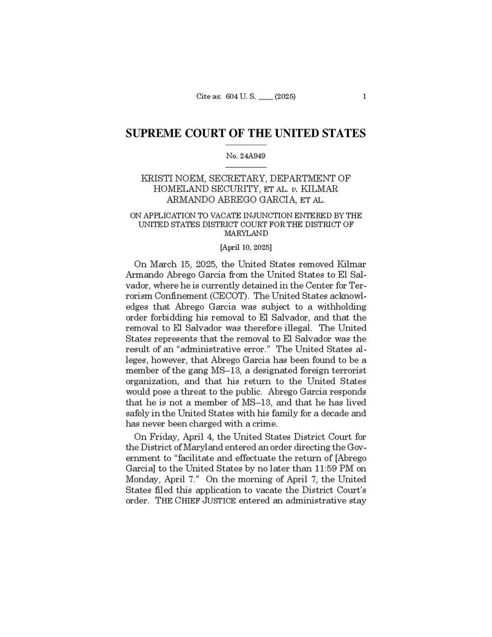 First page of the Supreme Court's April 10, 2025 order in Noem v. Abrego Garcia, acknowledging that his removal to El Salvador was illegal